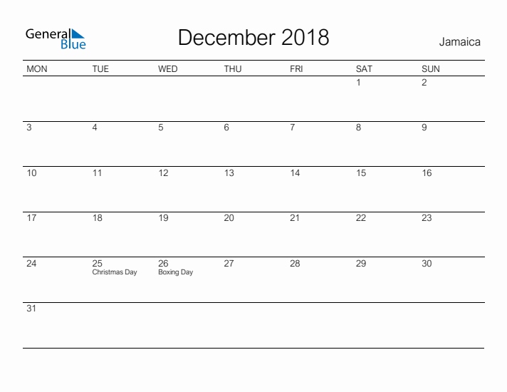 Printable December 2018 Calendar for Jamaica