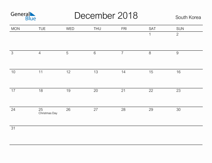 Printable December 2018 Calendar for South Korea