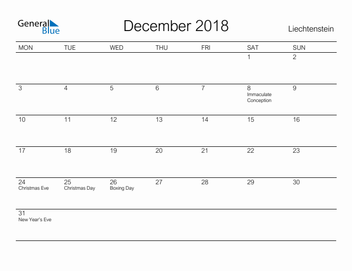 Printable December 2018 Calendar for Liechtenstein