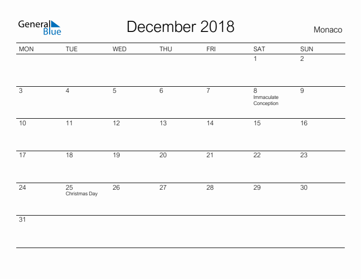 Printable December 2018 Calendar for Monaco