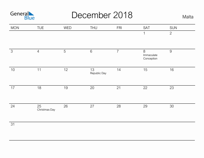 Printable December 2018 Calendar for Malta