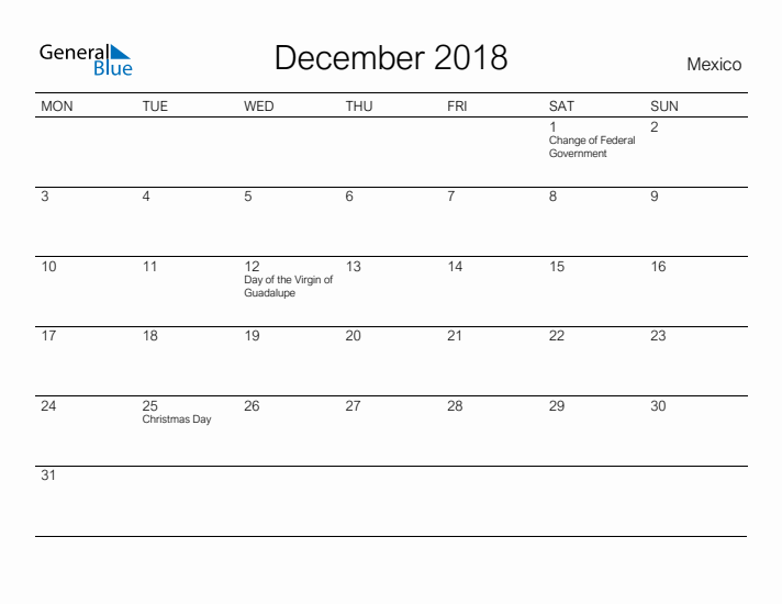 Printable December 2018 Calendar for Mexico