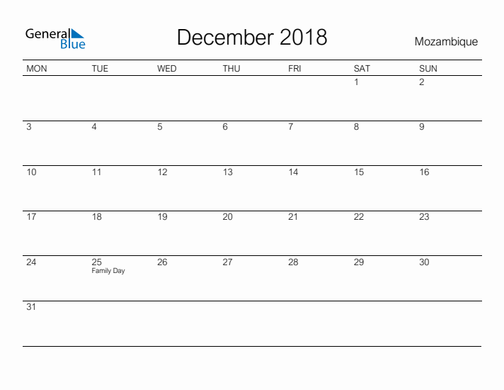 Printable December 2018 Calendar for Mozambique