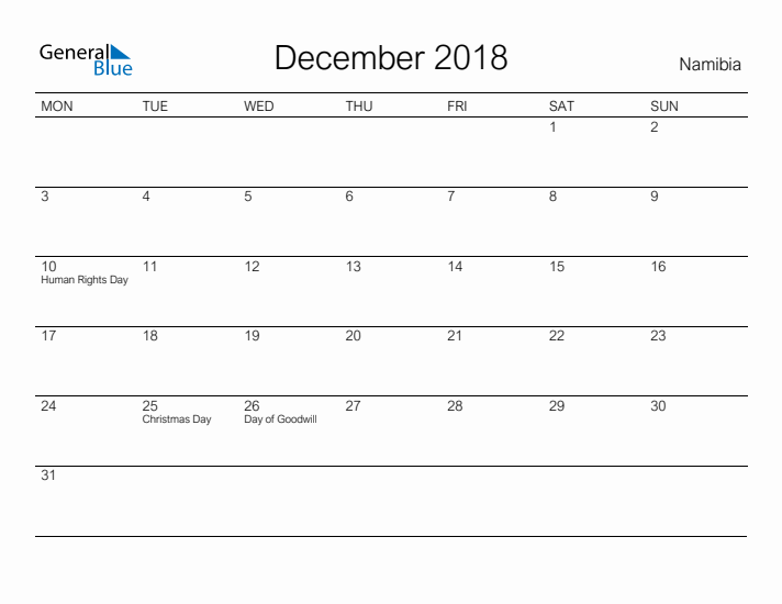 Printable December 2018 Calendar for Namibia