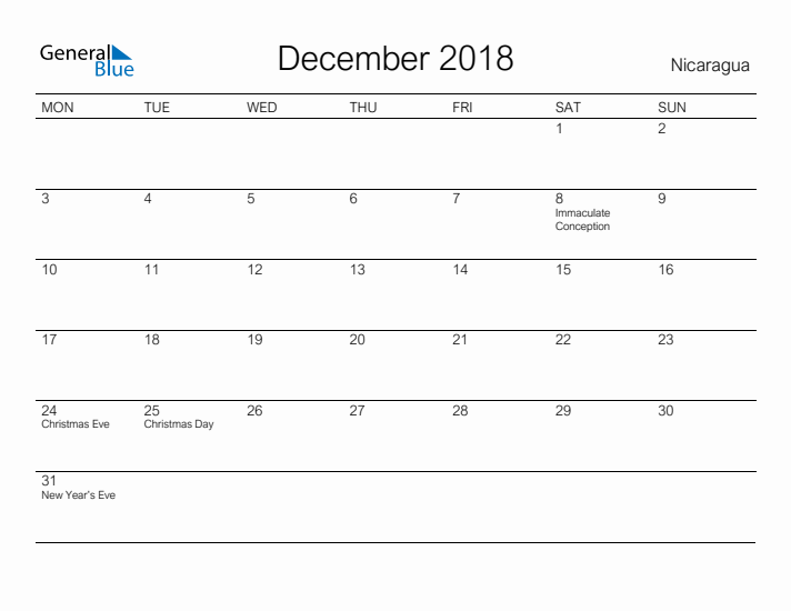 Printable December 2018 Calendar for Nicaragua