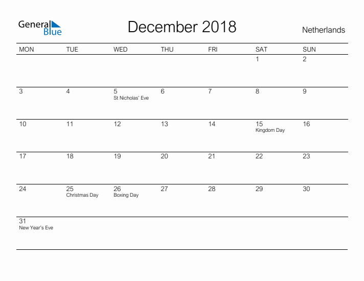 Printable December 2018 Calendar for The Netherlands