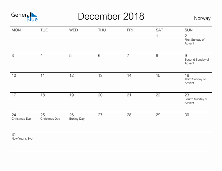 Printable December 2018 Calendar for Norway
