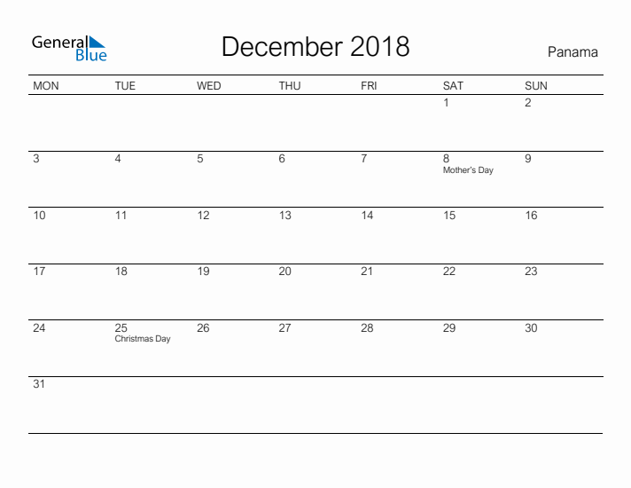 Printable December 2018 Calendar for Panama