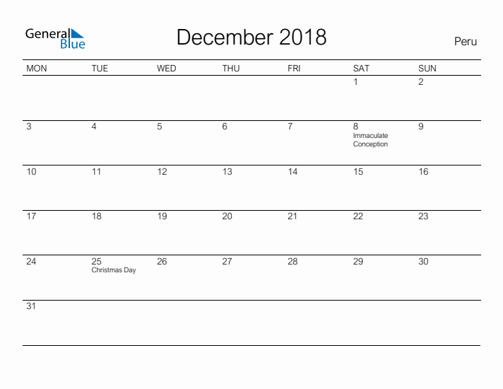 Printable December 2018 Calendar for Peru