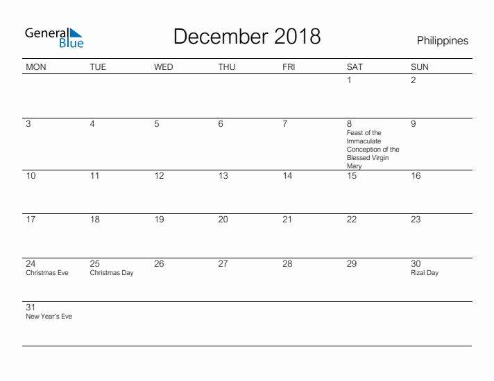 Printable December 2018 Calendar for Philippines