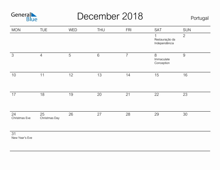 Printable December 2018 Calendar for Portugal