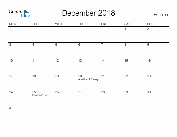 Printable December 2018 Calendar for Reunion