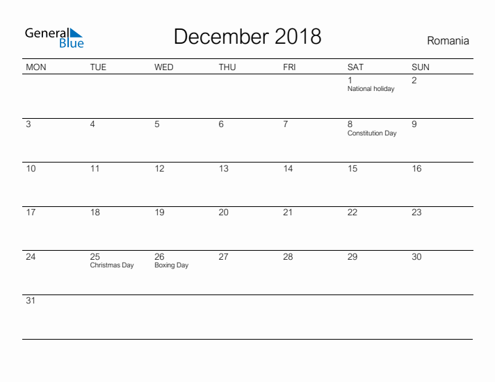 Printable December 2018 Calendar for Romania