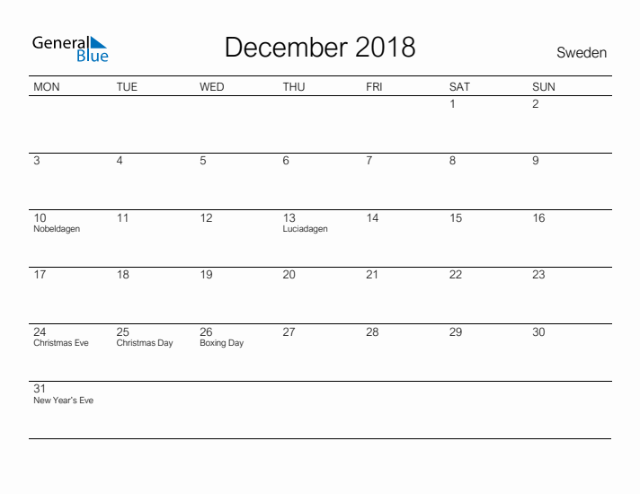 Printable December 2018 Calendar for Sweden
