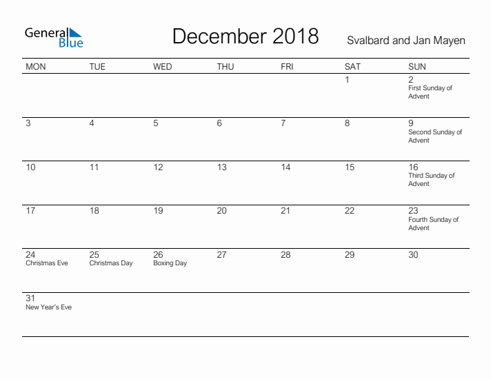 Printable December 2018 Calendar for Svalbard and Jan Mayen