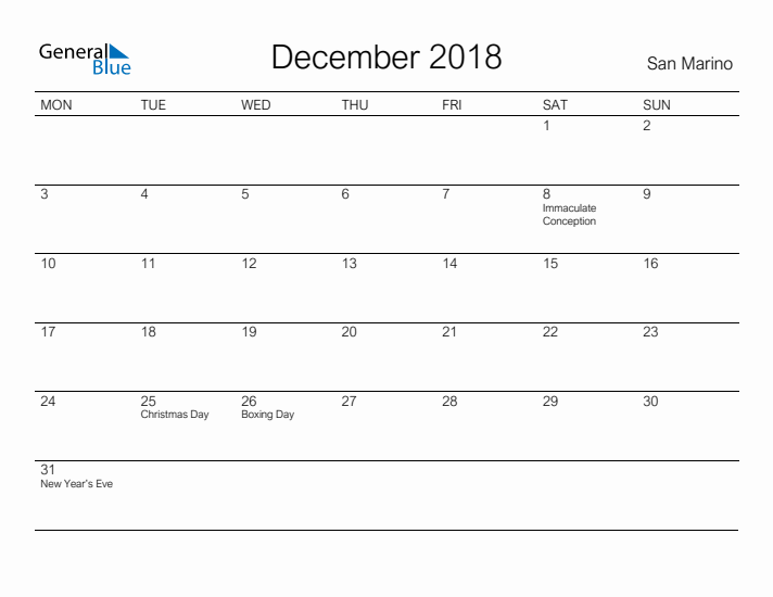 Printable December 2018 Calendar for San Marino