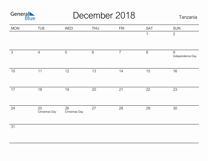 Printable December 2018 Calendar for Tanzania