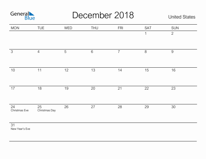 Printable December 2018 Calendar for United States