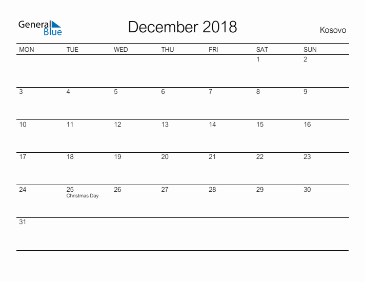 Printable December 2018 Calendar for Kosovo