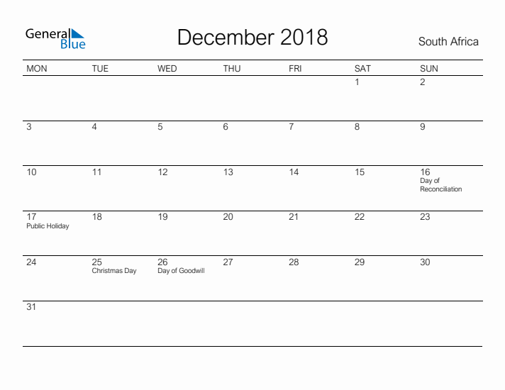 Printable December 2018 Calendar for South Africa