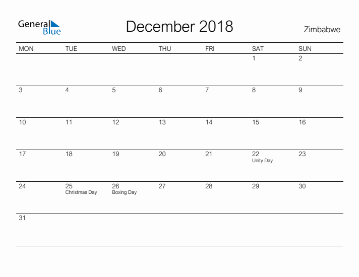 Printable December 2018 Calendar for Zimbabwe