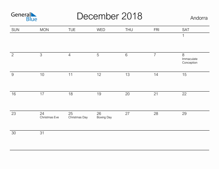 Printable December 2018 Calendar for Andorra
