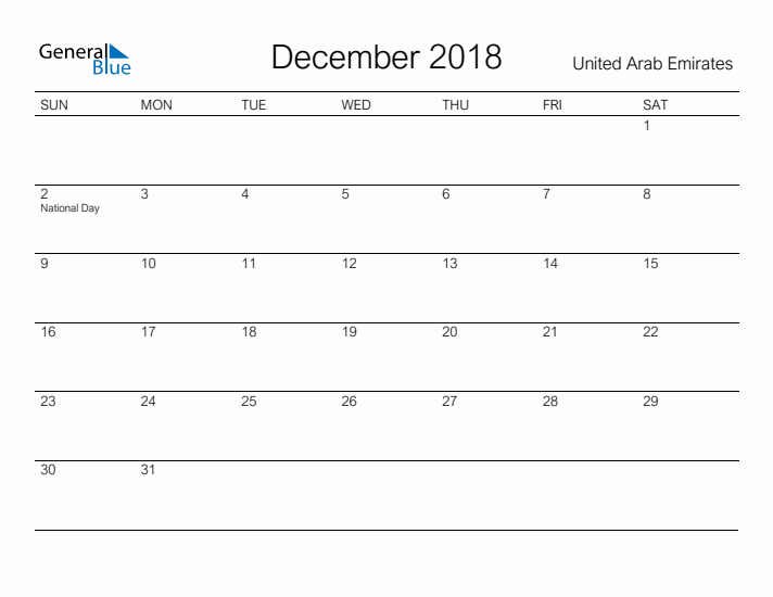Printable December 2018 Calendar for United Arab Emirates