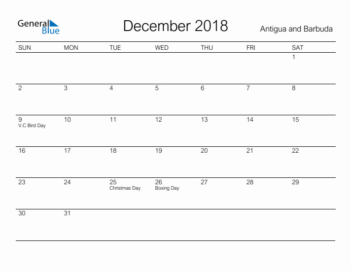 Printable December 2018 Calendar for Antigua and Barbuda