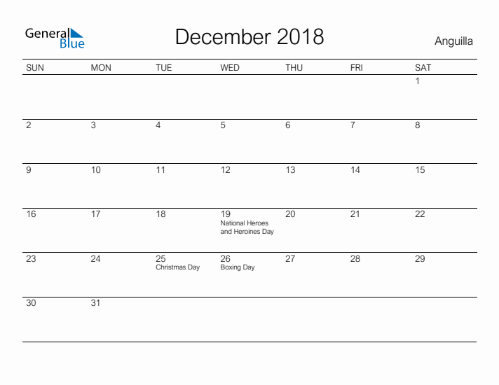 Printable December 2018 Calendar for Anguilla
