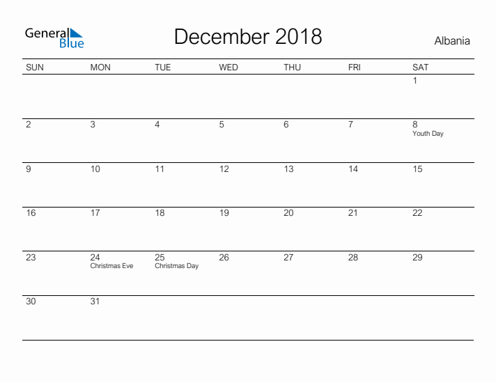 Printable December 2018 Calendar for Albania