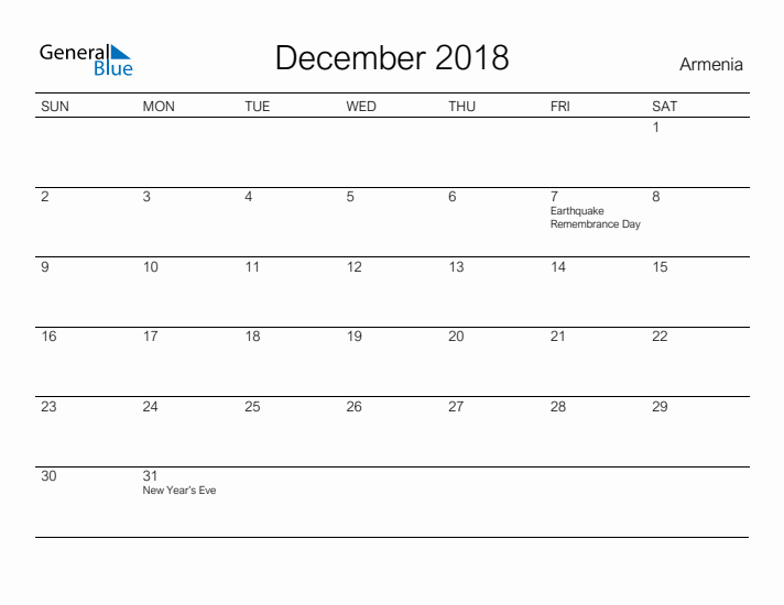 Printable December 2018 Calendar for Armenia