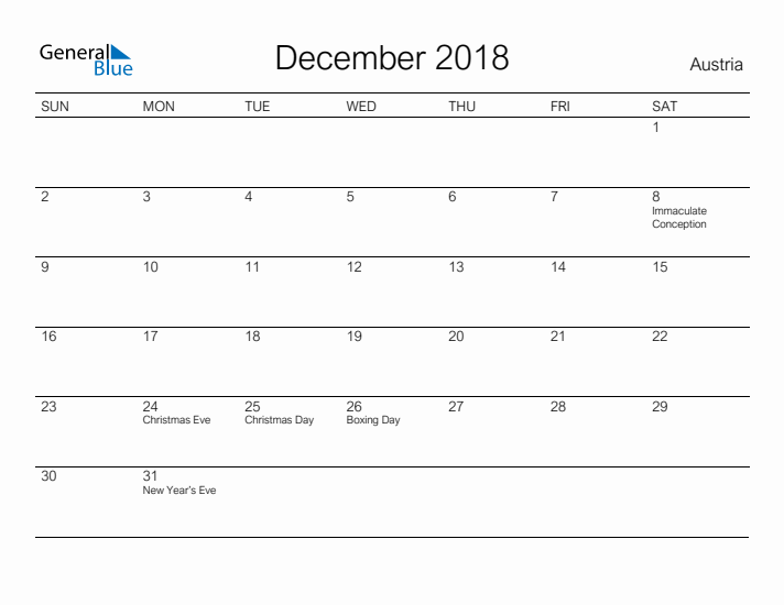 Printable December 2018 Calendar for Austria