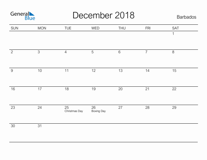 Printable December 2018 Calendar for Barbados