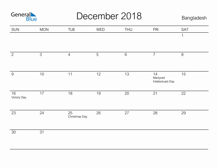 Printable December 2018 Calendar for Bangladesh