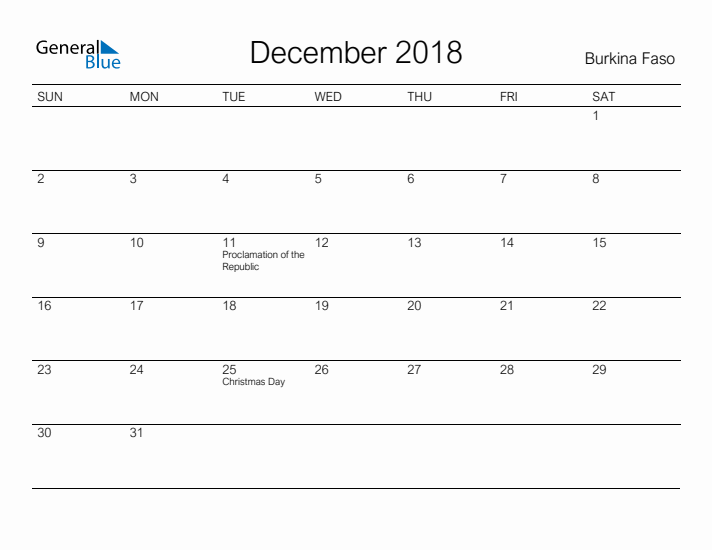 Printable December 2018 Calendar for Burkina Faso