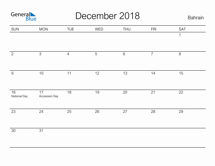 Printable December 2018 Calendar for Bahrain