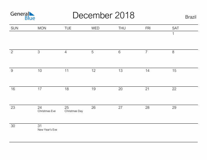 Printable December 2018 Calendar for Brazil
