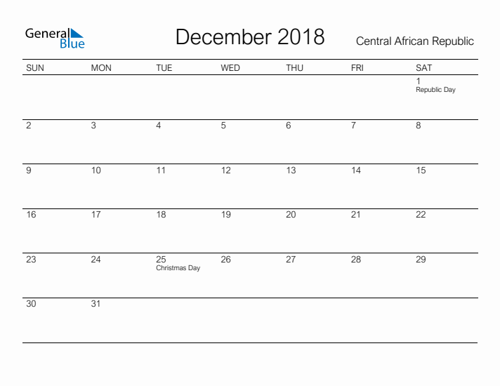 Printable December 2018 Calendar for Central African Republic
