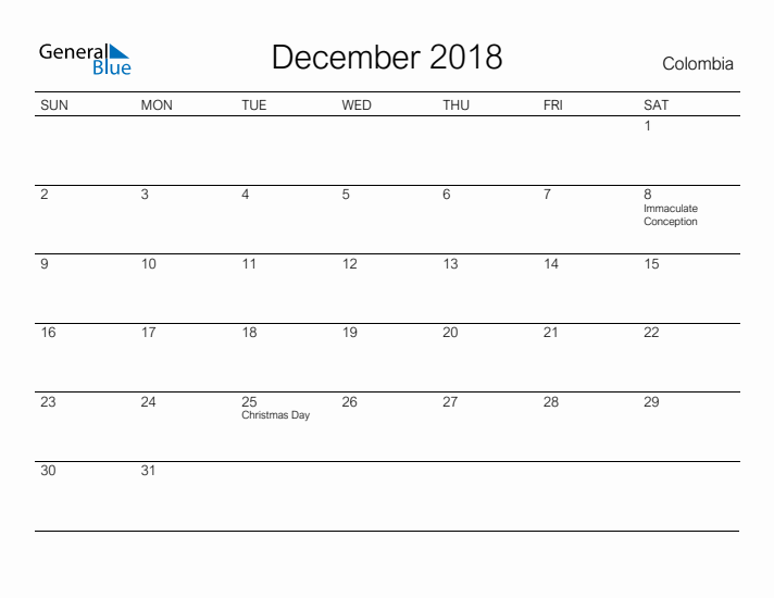 Printable December 2018 Calendar for Colombia