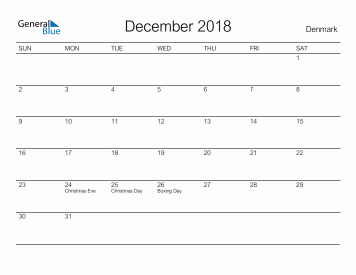 Printable December 2018 Calendar for Denmark