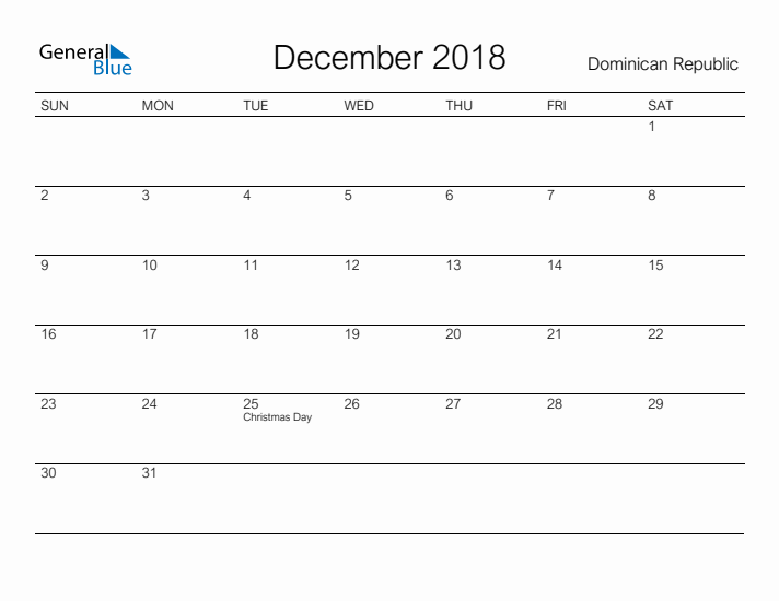 Printable December 2018 Calendar for Dominican Republic