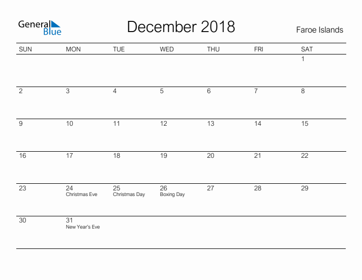 Printable December 2018 Calendar for Faroe Islands