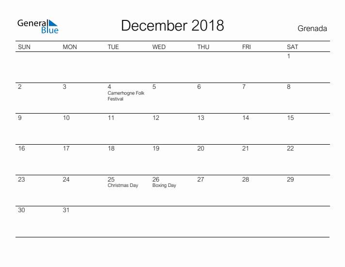 Printable December 2018 Calendar for Grenada
