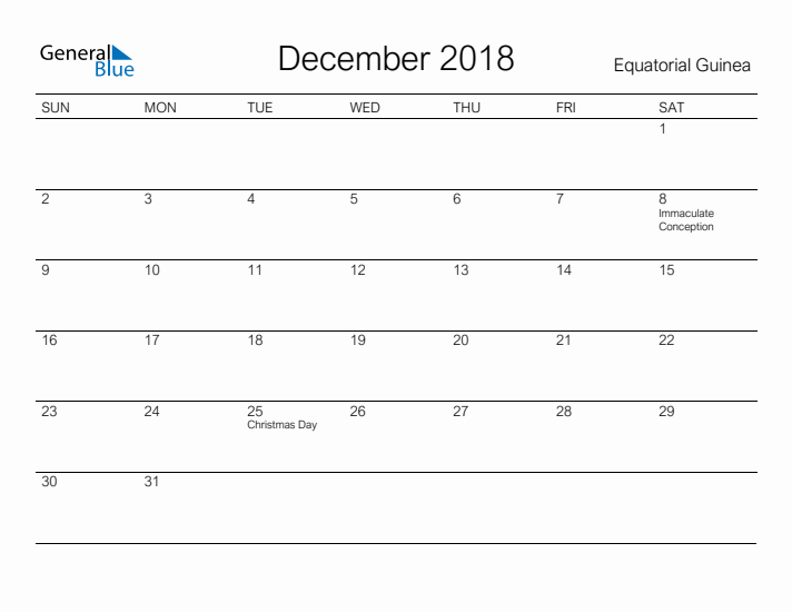 Printable December 2018 Calendar for Equatorial Guinea
