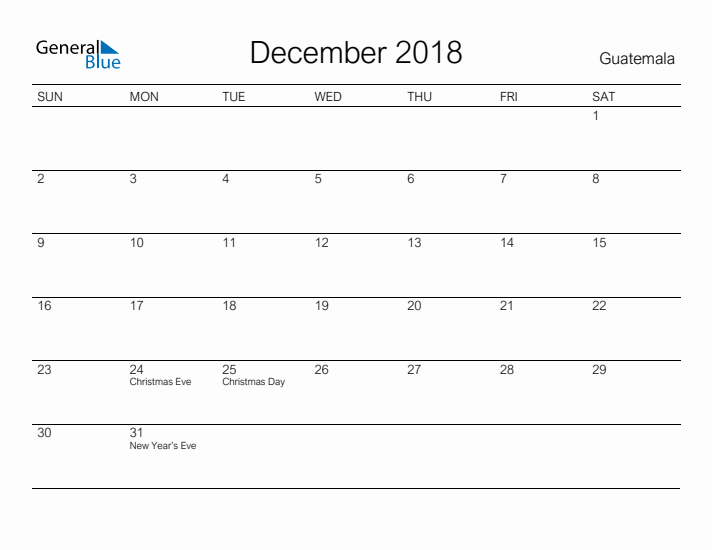 Printable December 2018 Calendar for Guatemala