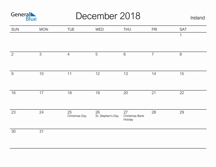 Printable December 2018 Calendar for Ireland