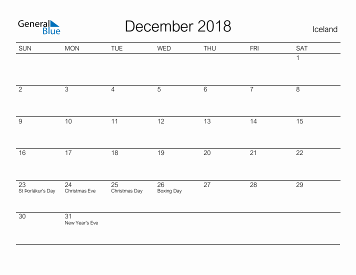 Printable December 2018 Calendar for Iceland
