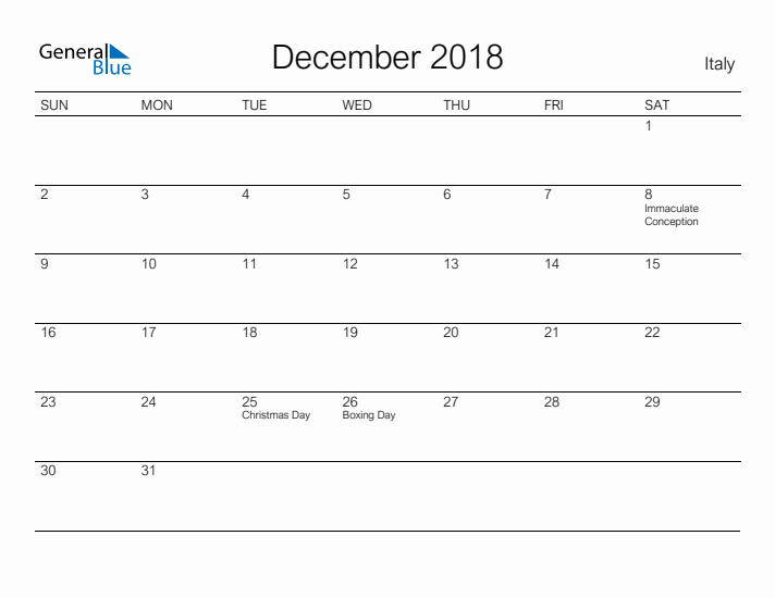 Printable December 2018 Calendar for Italy