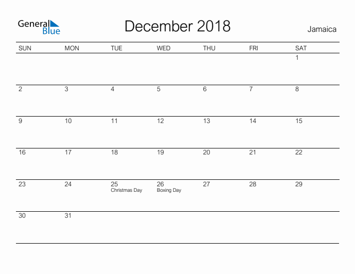 Printable December 2018 Calendar for Jamaica