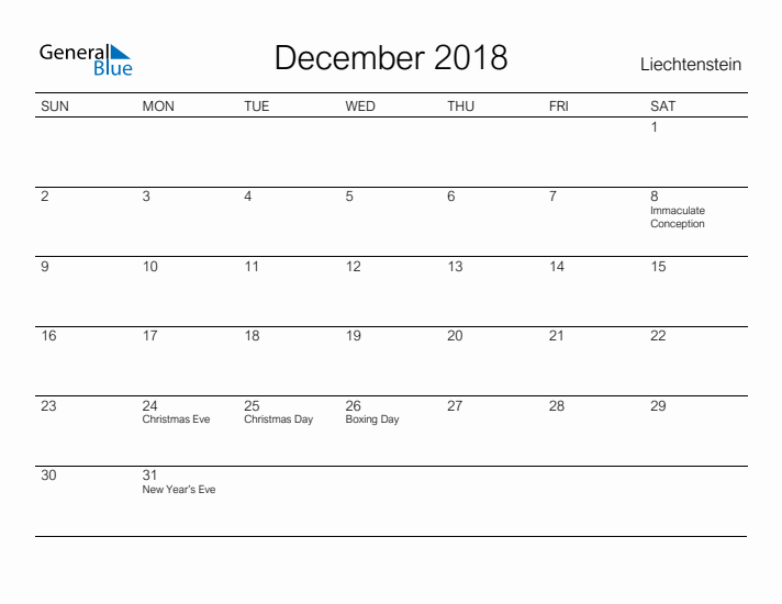 Printable December 2018 Calendar for Liechtenstein